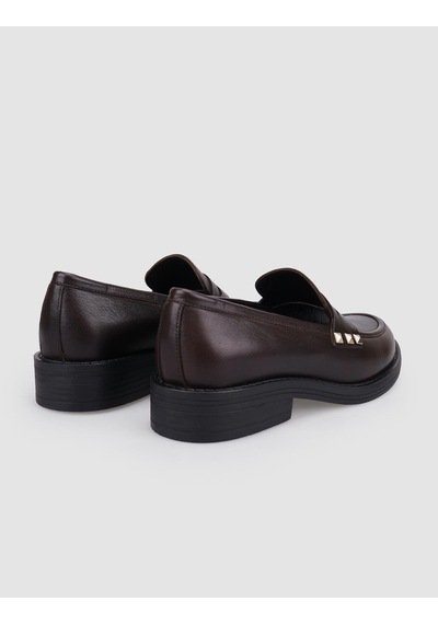 Hakiki Deri Kahverengi Zımba Detaylı Kadın Loafer Kahverengi