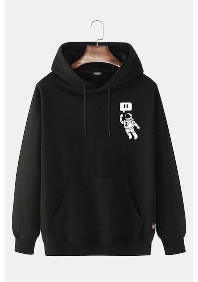 Unisex Black-siyah Önü Astronot Baskılı Kapşonlu Sweatshirt Black-siyah