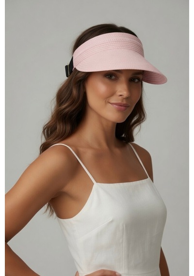 Mollycrush Kadın Pembe Hasır Güneş Vizör Şapka Lastikli Katlanır Çanta Boy Plaj Şapkası Pembe