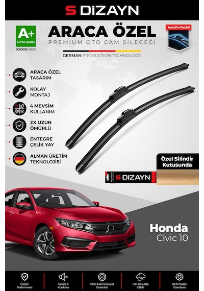 S-dizayn Honda Civic 10 Ön Cam Silecek Seti 2015-2021 Premium Araca Özel 65-45 Cm A+ Kalite