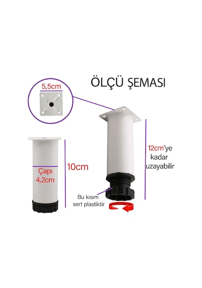 2 Adet Metal Ayarlanabilir 10 Cm Beyaz Destek Ayağı Mobilya Kanepe Baza Koltuk Dolap Sehpa Tv Ünitesi Ayağı