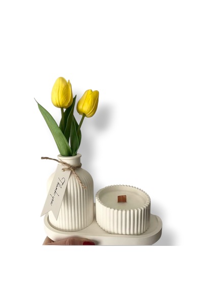 Kokulu Soya Wax Mum Ve Çizgili Vazo Seti Dekoratif Beyaz Kombin Beyaz