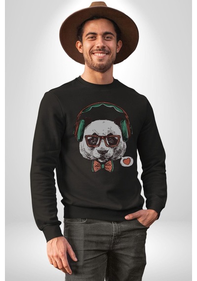 Kulaklıklı Hipster Portre Panda Unisex Siyah Baskılı Sweatshirt Siyah