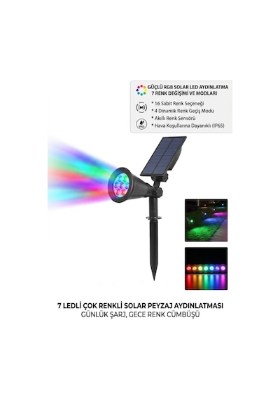 Solar Gunes Enerjili Rgb Renk Degistiren Bahce Armaturu 7 Ledli Renkli Dis Mekan Peyzaj Cim Kazikli