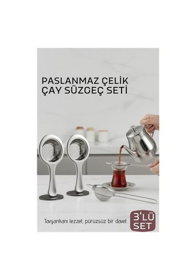 Çay Süzgeci Seti - 3 Parça Profesyonel Ve Kulplu Demlik Filtresi Paslanmaz Çelik 718934 Gri