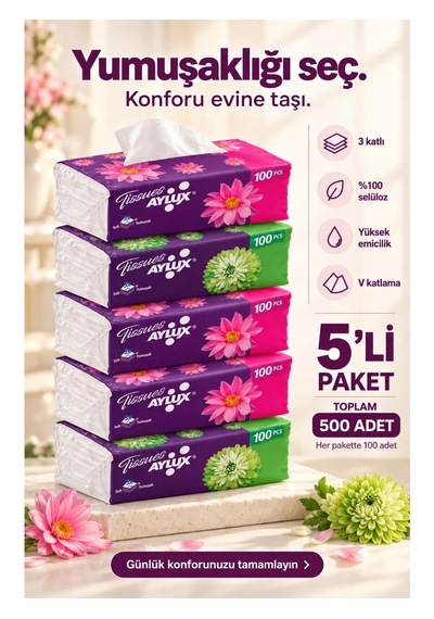 Aylux Soft Peçete Mendil Yumuşak 3 Katlı V Katlama 100'lü 5'li Paket 500 Adet