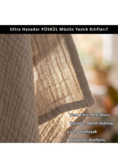 Püskül 2-adet Müslin Yastık Kılıfı Seti, 100% Pamuk 2-katlı Standart Ölçü Çok Renkli