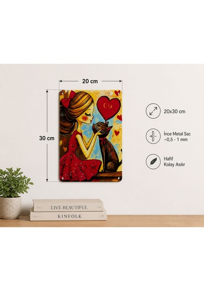 Upeka Kedi Ve Kız Temalı Şık Modern Tasarım Dekorasyon Metal Duvar Tablo 30cmx20cm