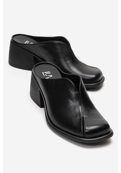 Luvishoes Ardent Siyah Cilt Hakiki Deri Önü Kapalı Kadın Kalın Topuklu Terlik