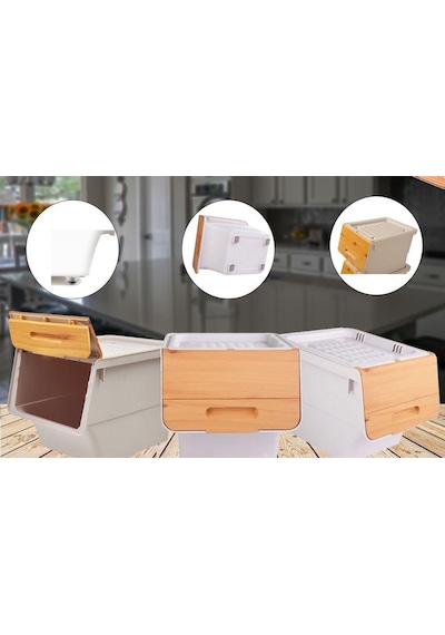 Motek Patetes Soğan Sepeti Oyuncak Kutusu Tekerlekli Organızer Çok Amaçlı Kutu 2x12lt-bambu+krem