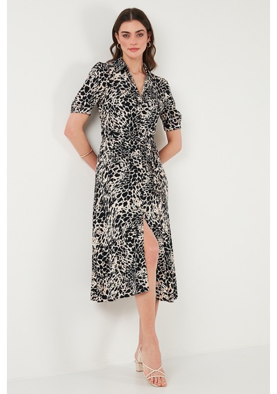 Lela Desenli Relaxed Fit Balon Kol Yırtmaçlı Kemerli Midi Boy Bayan Elbise 67810558 Leopar