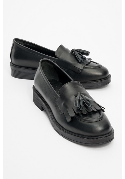 Luvishoes Milina Siyah Cilt Püsküllü Hakiki Deri Kadın Loafer Ayakkabı Siyah Cilt