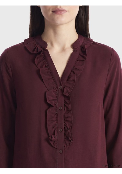 Lcw Comfort Bordo Kaçık Yaka Fırfırlı Kadın Gömlek