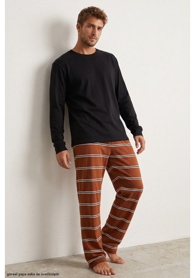 Siyah İnci Desenli Pamuklu Örme Pijama Takım 8093 Tarçın Beyaz Çizgi