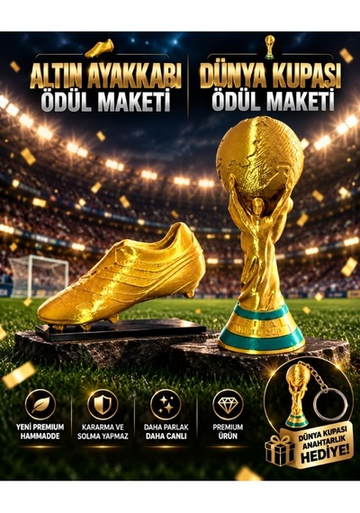 İsime Özel Altın Ayakkabı Ve Dünya Kupası Futbol Ödülü Maketi Seti Dünya Kupası Anahtarlık Hediyeli 20cm