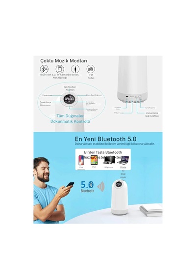 Bluetooth Hoparlörlü Gece Lambası 7 Si 1 Arada Alarm Saati Fm Radyo Dokunmatik Rgb Işık Renkli Lamba Sarı