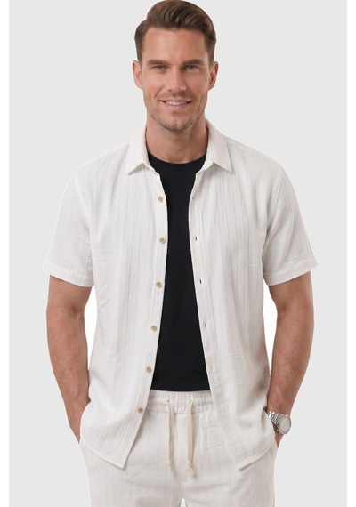Rizzup Beyaz Slim Fit Çizgi Dokulu Keten Görünümlü Kısa Kol Erkek Spor Gömlek 2602648