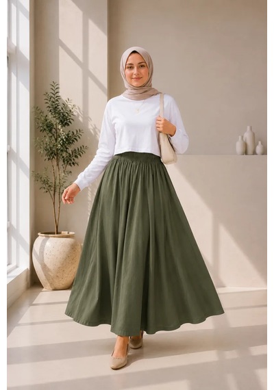 Kadın Haki Cepli Beli Lastikli Poplin Uzun Etek