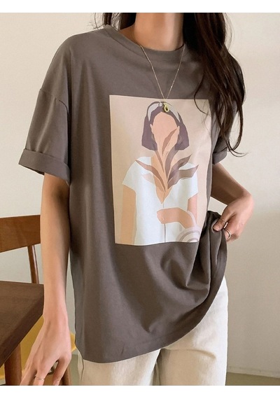 Flood Of Style Kadın Kahverengi Hayali Kadın Figür Baskılı Bisiket Yaka Tshirt