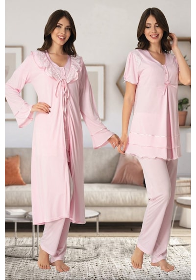 Effort Pijama Kadın Pembe Yakası Dantel Sabahlıklı Hamile Lohusa Pijama Takımı Pembe