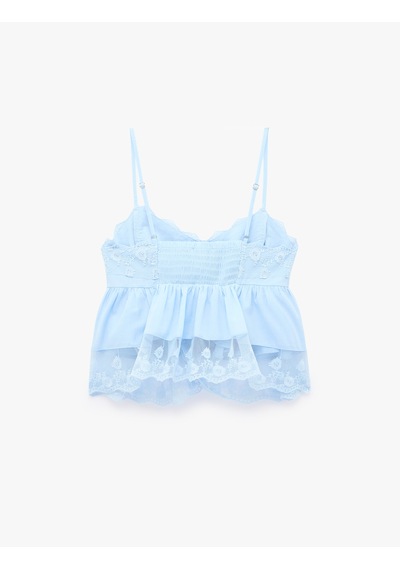 Koton Pamuklu Kruvaze Yaka Kolsuz Dantel Detaylı Crop Top Mavi 6sal60062ıw