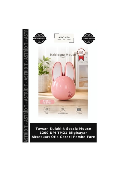 Tavşan Kulaklık Sessiz Mouse 1200 Dpı Tm21 Bilgisayar Aksesuarı Ofis Gereci Pembe Fare Diğer