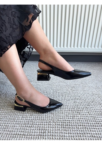 Asmi Shoes Kadın Yupin Siyah Rugan Kısa Topuklu Arkası Açık Ayakkabı