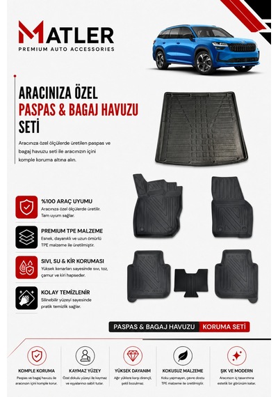 Skoda Kodiaq 2024 Model 4d Ekstra Havuzlu Paspas Ve Bagaj Havuzu Set