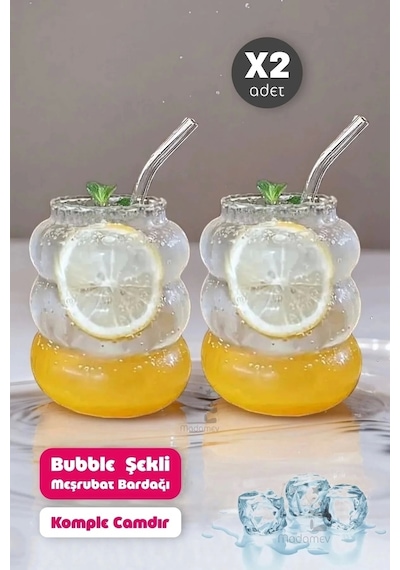 2li Bubble Şekli Pipetli Cam Bardak Limonata Meşrubat Kokteyl Kahve Sunum Baloncuk Bardağı 500 Ml