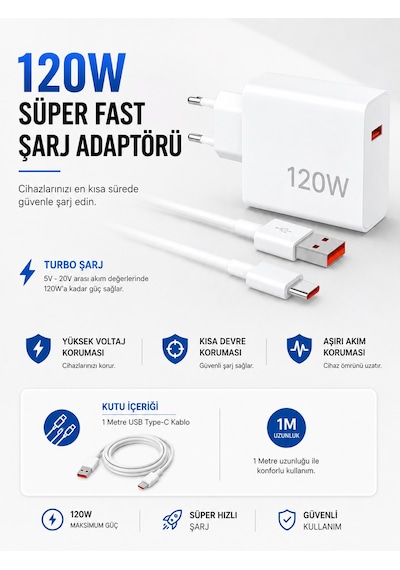 Turbo 120w Hızlı Şarj Cihazı Type-c Kablolu - Lisinya