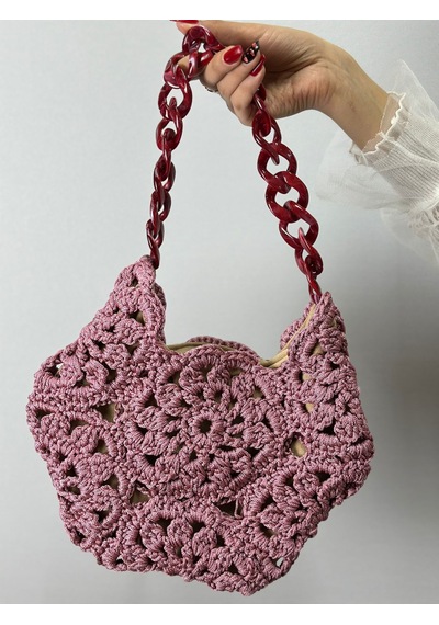 El Örgüsü Çiçekli Kadın El Çantası 30x27 Cm Pembe