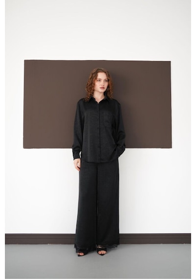Verymoda Pileli Paça Ucu Dantel Pantolon F2102 Siyah