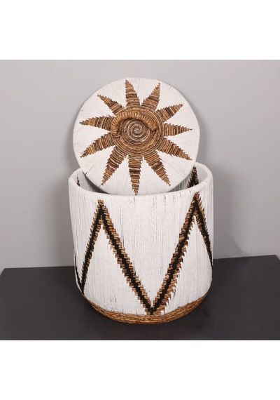 Söke Beyaz Makrome Ve Doğal Abaka - Kapaklı Sepet 52x50 Cm Beyaz