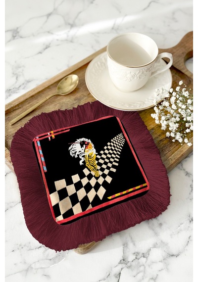 Lüks Modern Sanat Saçaklı Dekor Peçetesi-çarpıcı Siyah Bohem Bordo Saçak Bardak Altlığı Mendil Mat Adaçayı Camel