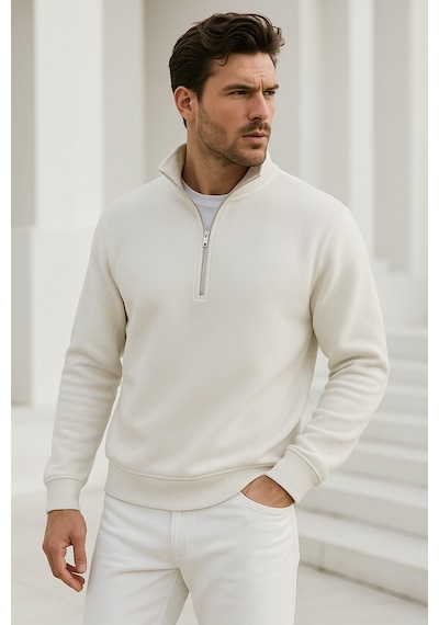 Rich Erkek Ekru Yarım Fermuarlı Sweatshirt Ekru