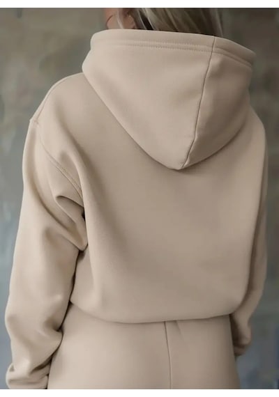 Kadın Bej Baskılı Kapüşonlu Sweatshirt Ve Bol Paça Eşofman Altı İkili Takım - Spor Şık Ev & Günlük K