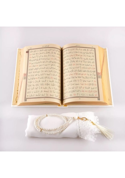 Şal + Tesbih + Kuran Hediye Seti Hafız Boy, Termo Deri, Beyaz