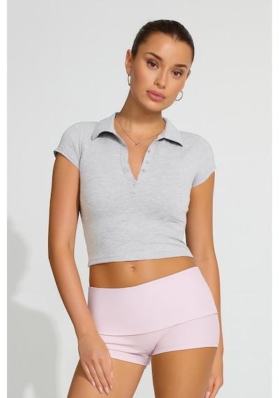 Grimelanj Polo Yaka Basic Kadın Tişört Mg2455 Gri Melanj