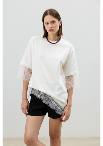 Antioch Dantel Detaylı Kadın T-shirt Beyaz