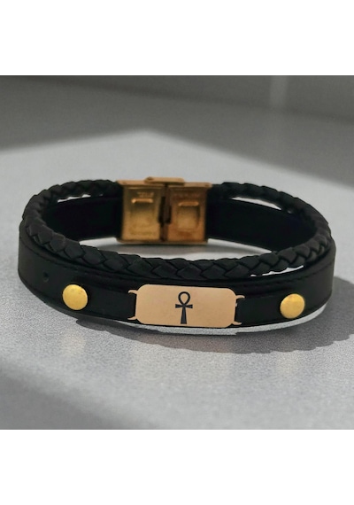Archin Ankh Temalı Oval Motifli 14 Ayar Altın Plakalı Hakiki Siyah Derili Hediye Bileklik-563sembol Ankh Archin Ankh Temalı Oval Motifli 14 Ayar Altın Plakalı Hakiki Siyah Derili Hediye Bileklik-563sembol Ankh