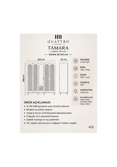 Tamara 5 Kapaklı Dolap Yeşil