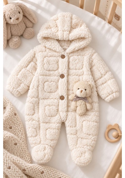 Kız Erkek Bebek Tavşan Ve Ayı Oyuncaklı Peluş Tulum Tlm0301 ekru
