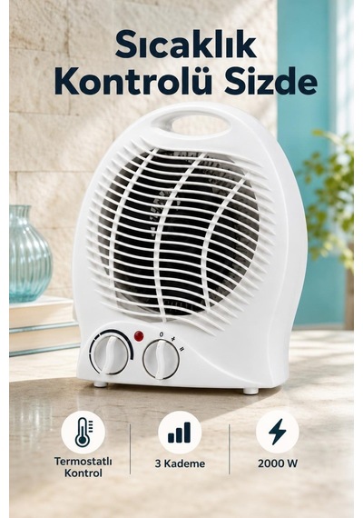 Termostat Ve Kademe Ayarlı Beyaz Fanlı Isıtıcı Devrilme Emniyetli