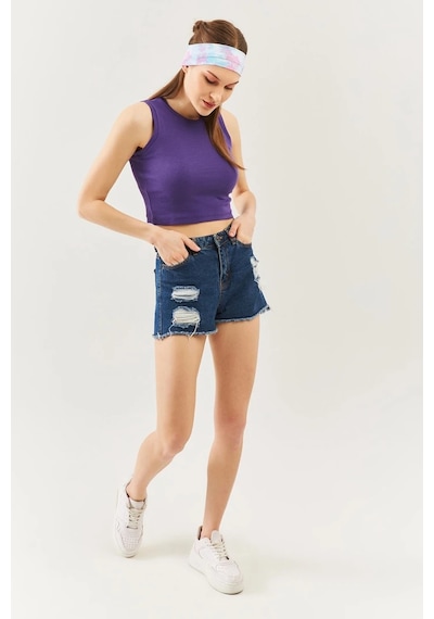 Butikgiz Kadın Sıfır Kol Bisiklet Yaka Vücuda Oturan %100 Pamuklu Kaşkorse Esnek Crop Bluz Mor