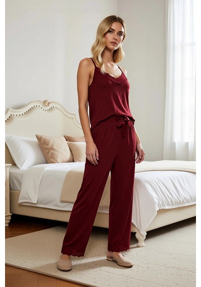 Benerly Kadın V Yaka İnce Askılı Regular Kalıp Örme Pijama Takımı Fonksiy Koyu Bordo