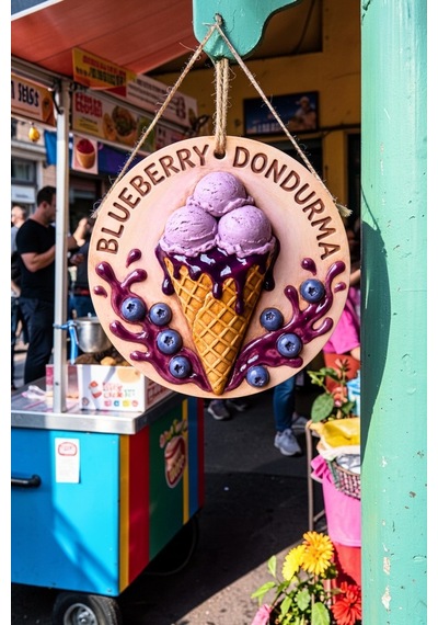 Blueberry Dondurma Görselli İpli Ahşap Kapı Ve Duvar Süsü, Cafe, Dondurmacı Tabelası