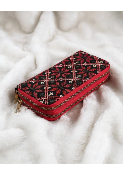 Zaytoon Filistin Geleneksel Renkli Kırmızı Nakışlı Çift Fermuarlı Kadın Büyük Cüzdeni 20x10 Cm A100027 Kirmizi