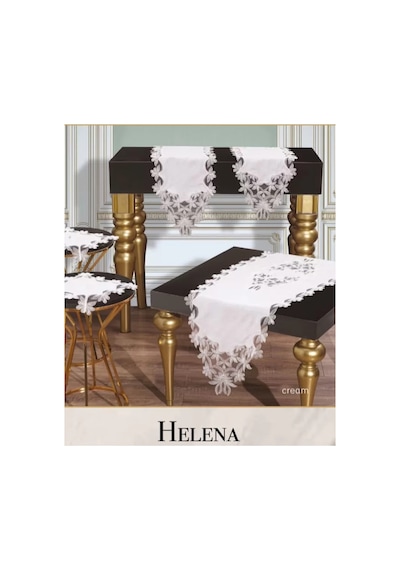 Salon Takımı 5 Parça Keten Dantelli Masa Örtüsü Runner Seti Çeyizlik Helena Model Krem Bzckh606 Çok Renkli