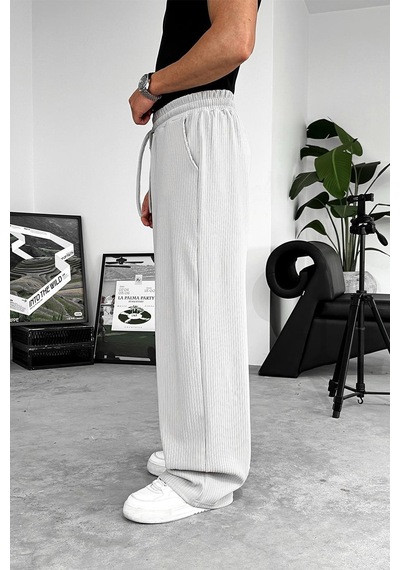Gri Likralı Fitilli Baggy Pantolon Gri