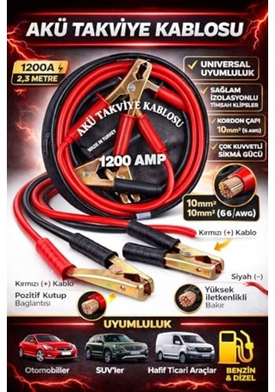 Akü Takviye Kablosu,1200 Amper, 2,3 Metre Uzunluk, Profesyonel Heavy Duty, Güçlü Timsah Kıskaçlı, Bakır İletken, Made İn Turkey